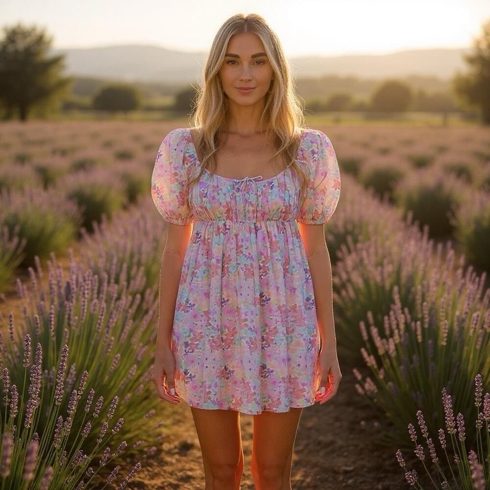 NEW For Love & Lemons Floral Dainty Mini Dress Babydoll Cottage-core Coquette M - Picture 1 of 16